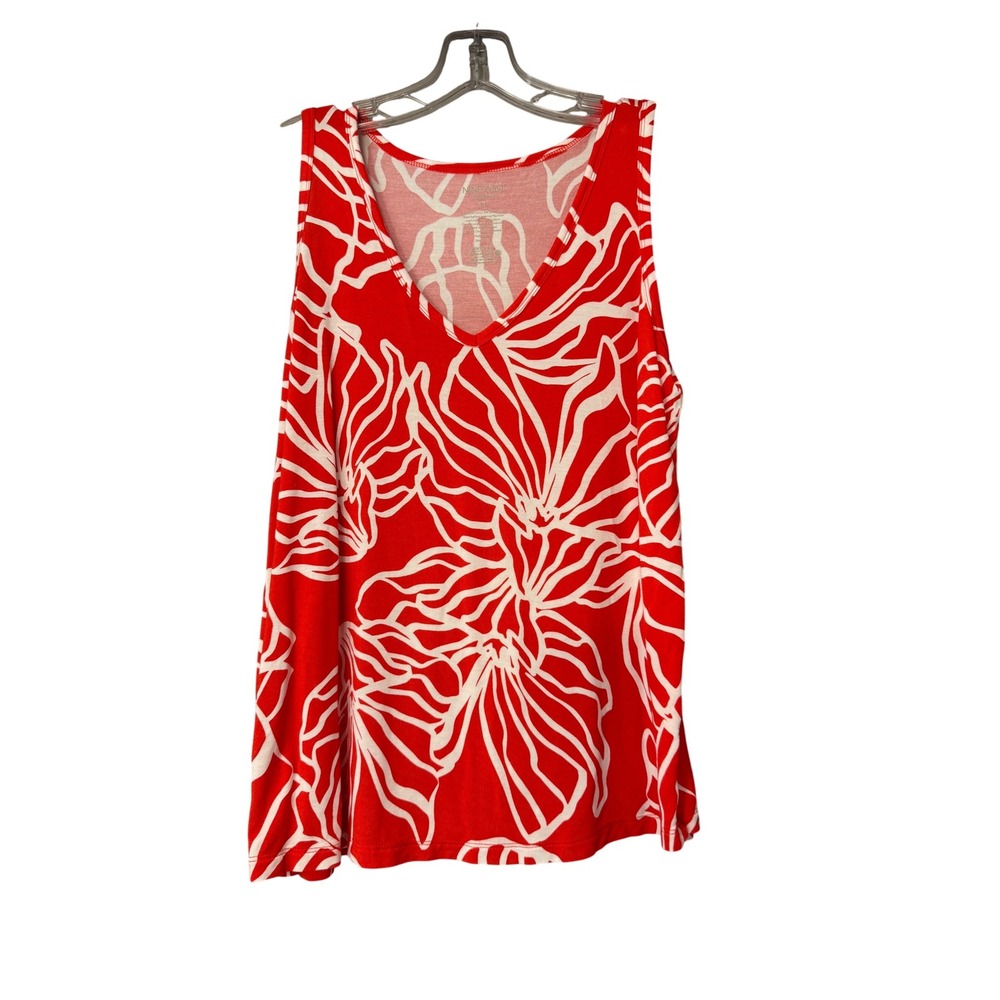 Nine West Womens Red White Tropical Floral V Neck Tank‎ Top Shirt Size M